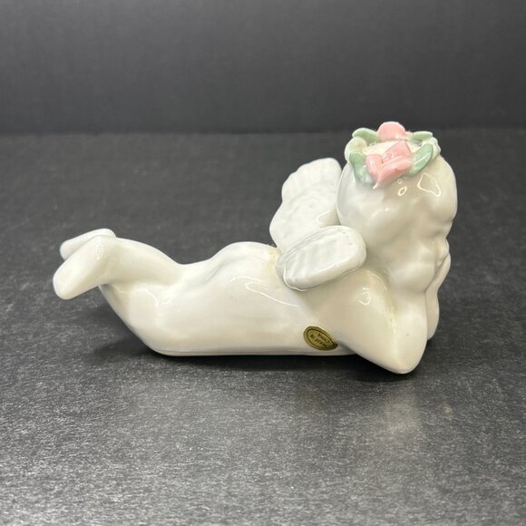 Vintage Laying Angel Figurine with Floral Wreath Ceramic White - Picture 3 of 8